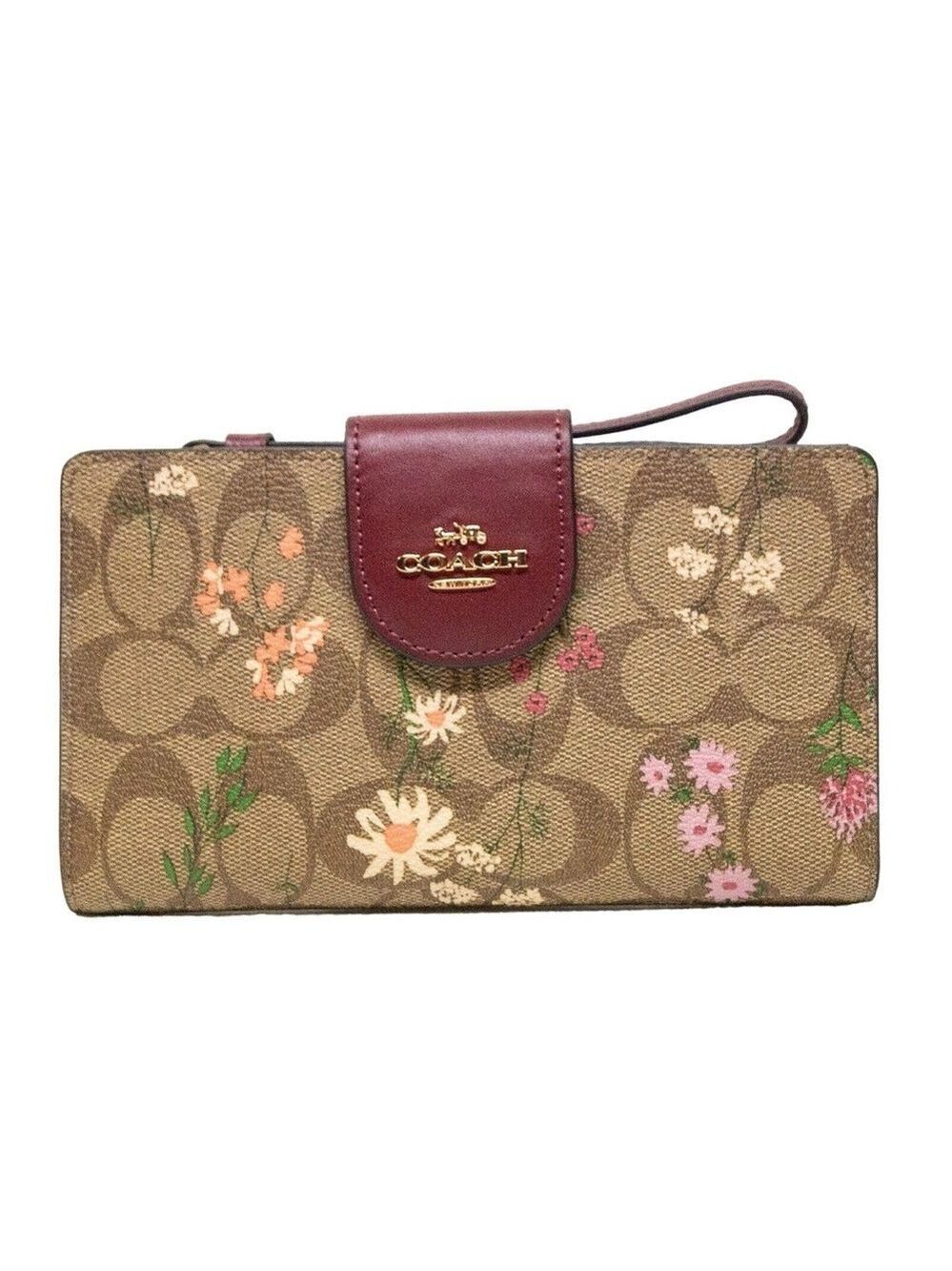 NEW Coach Woman’s Tech Wallet Signature Wildflower Print Wristlet Brown Leather